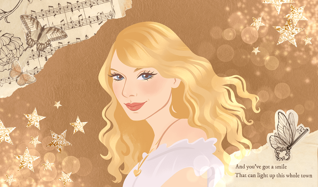 Taylor Swift Fearless Original version fan art digital illustration sepia colored portrait with gold stars music paper butterfly lyrics