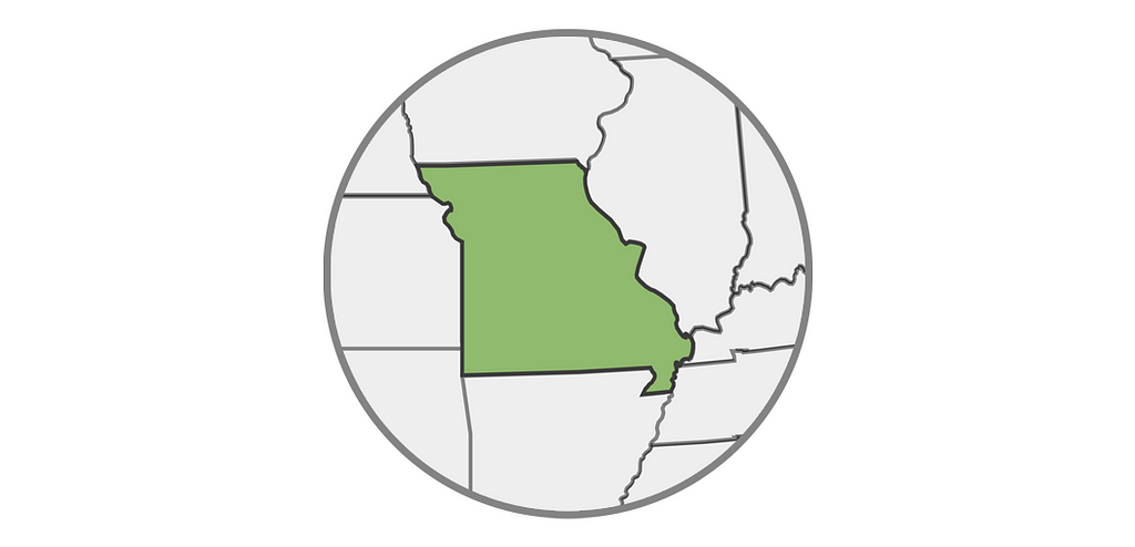 The state of Missouri highlighted on a partial US map