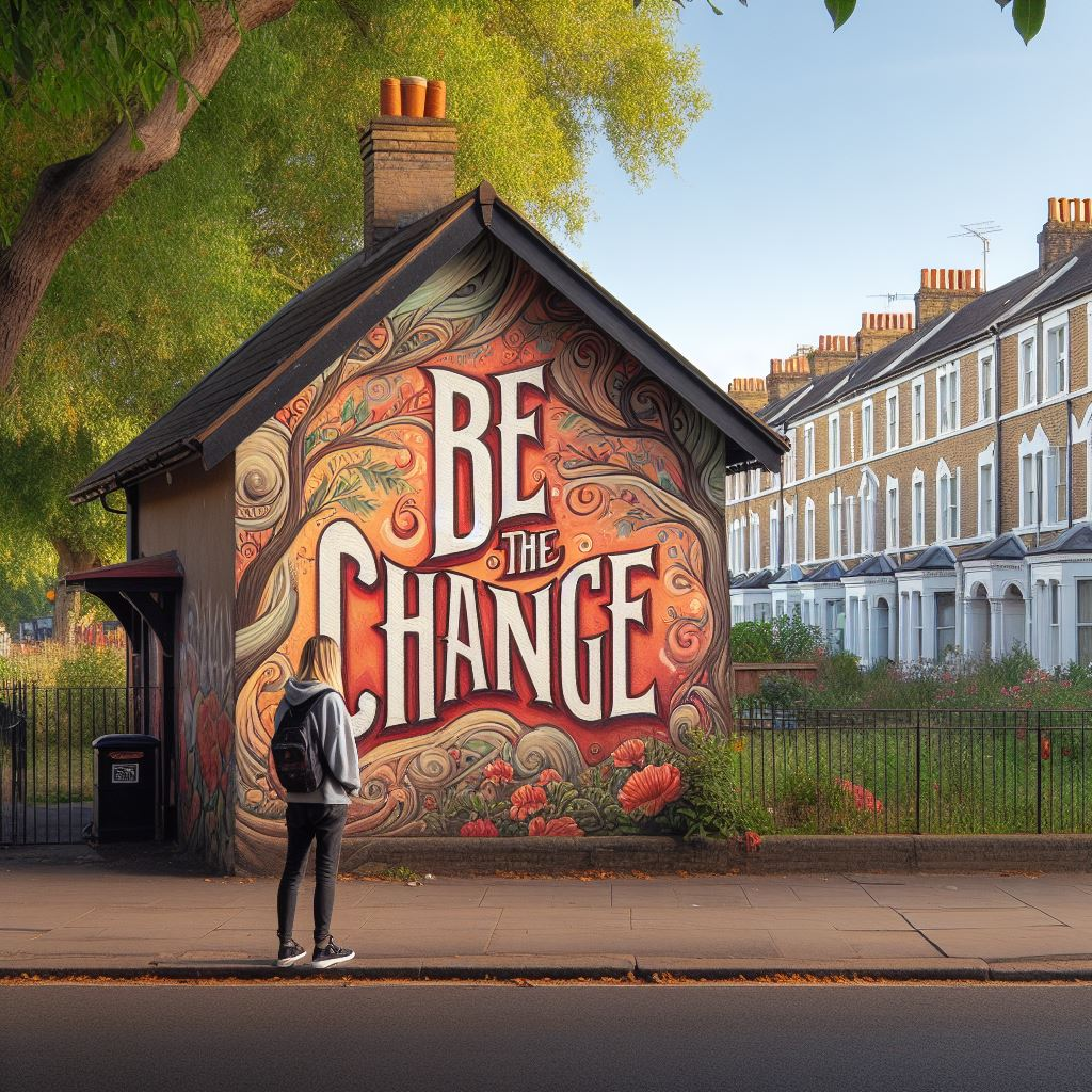 A street scene near a park where someone has painted beautiful graffiti on the wall of a house with the message ‘Be the change’. A person stands by the message looking thoughtful and inspired.