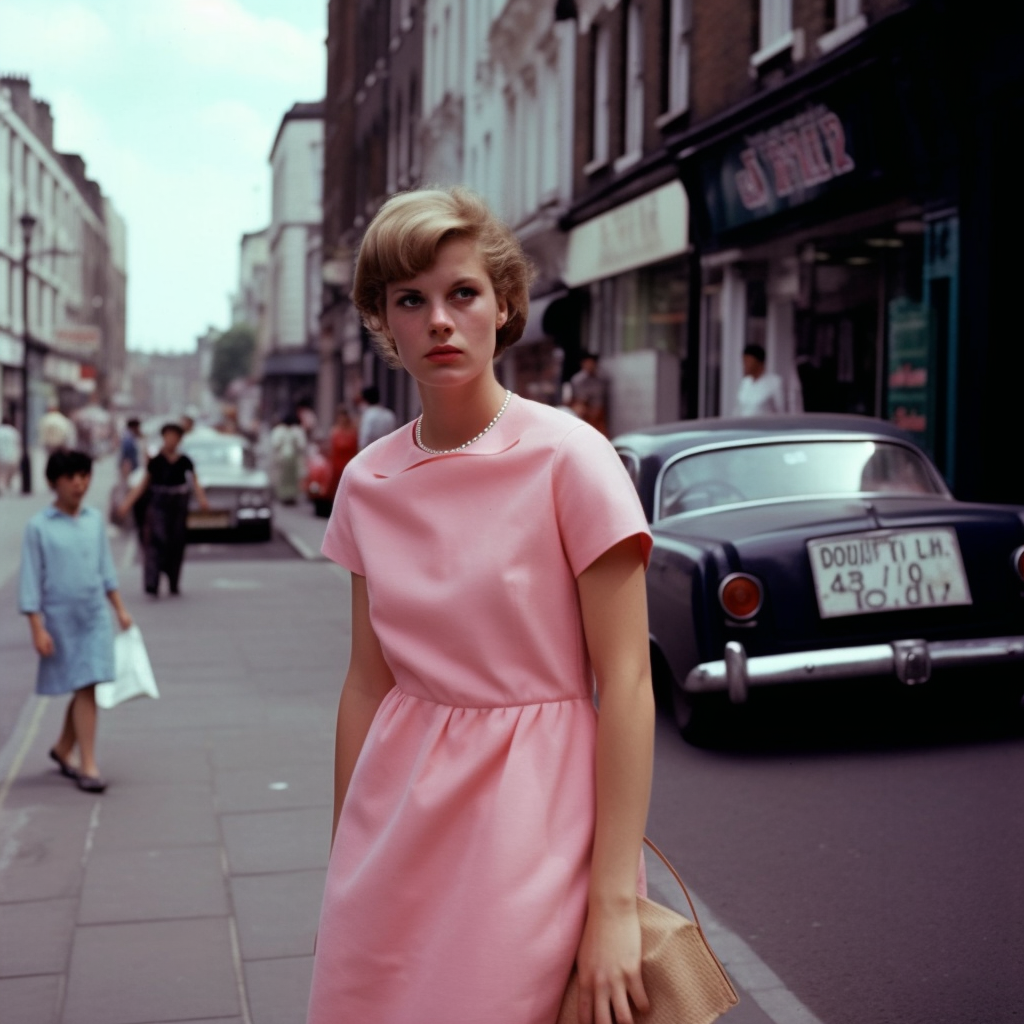 AI-generated vintage photo of woman in pink dress and pearls walking in a city, with distorted license plate on a car in the background, surrounded by city shops and pedestrians. Created using Midjourney.