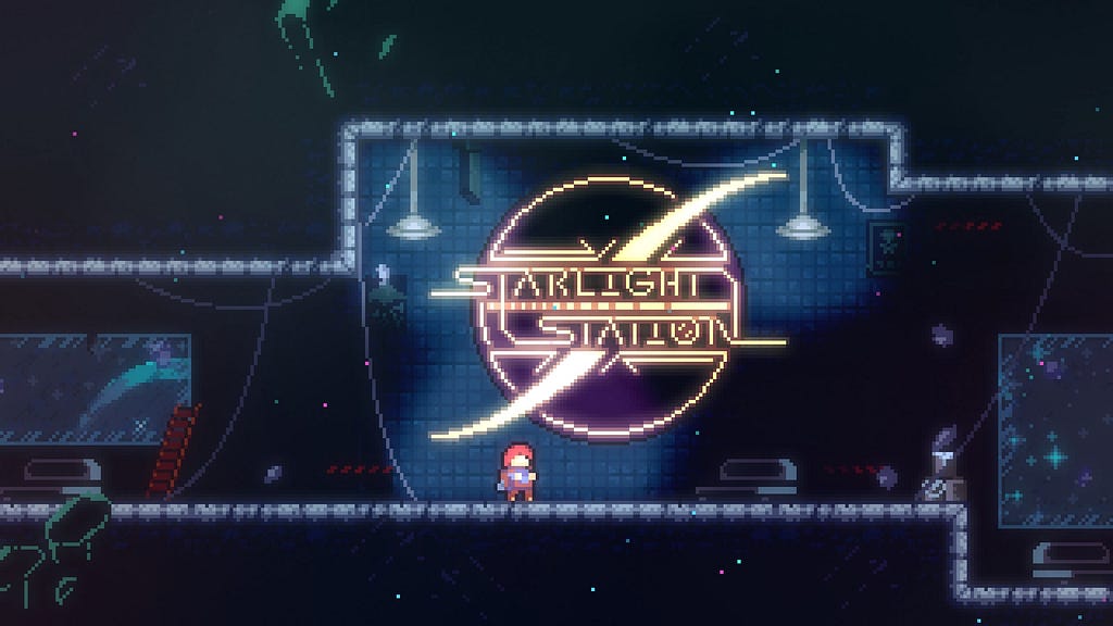 A screenshot of the map Starlight Station. Madeline looks up at the large, glowing train station sign that reads “Starlight Station”.