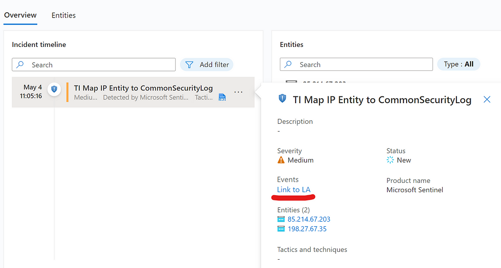 The alert details flyout window in a Microsoft Sentinel incident