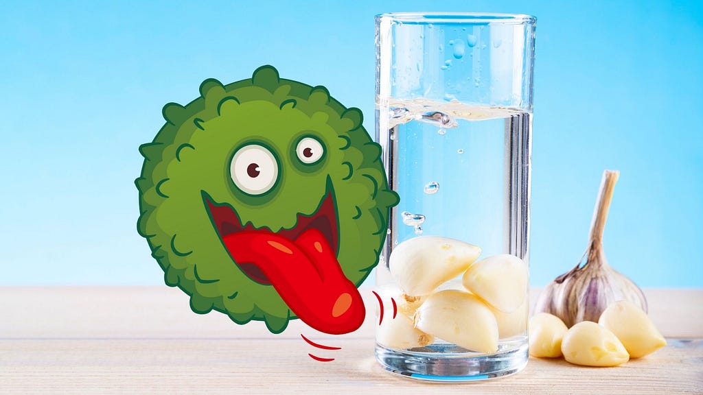 A cartoon coronavirus licking a glass of water with garlic in it
