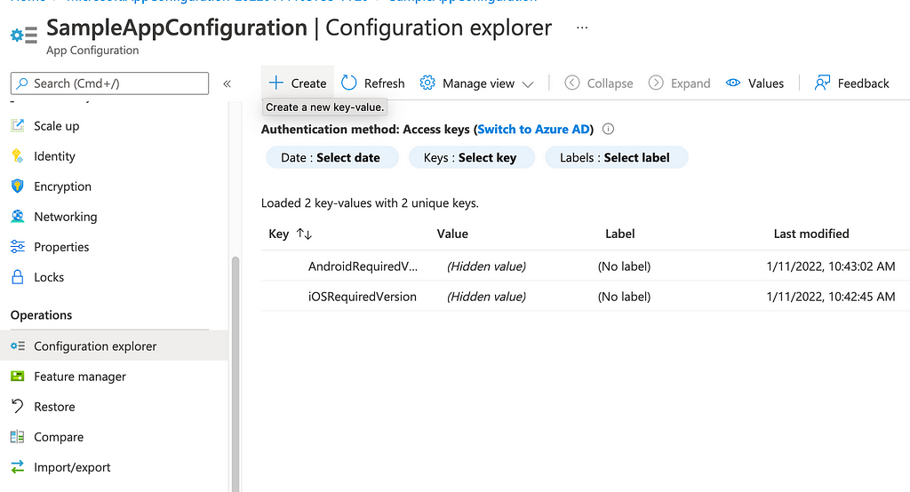 Some key/value pairs set up within the Azure App Configuration dashboard.