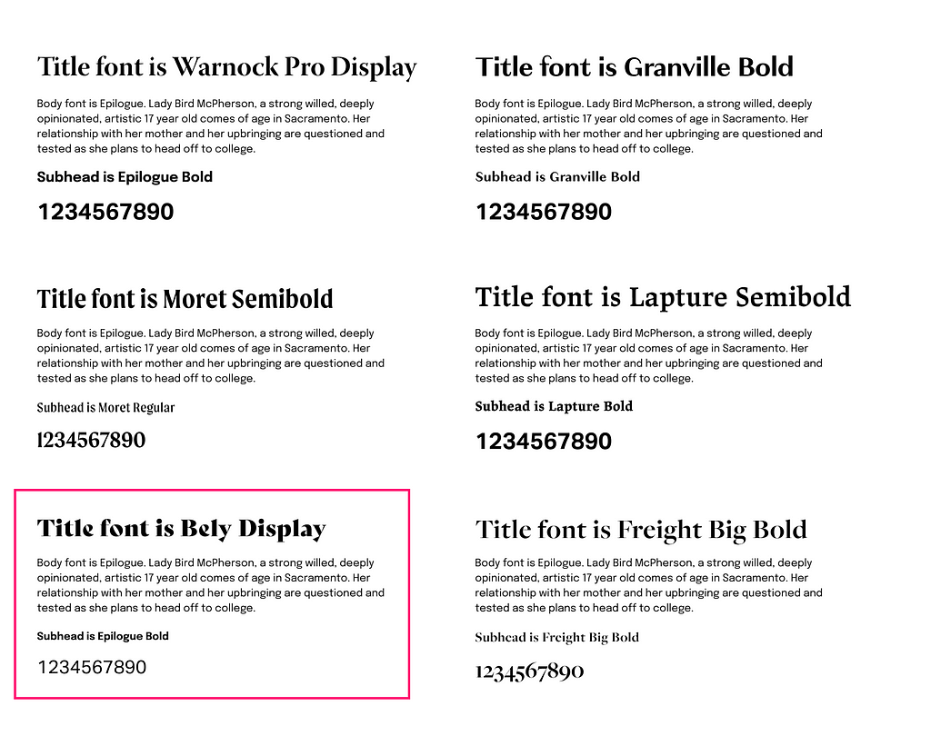 Font explorations completed by the design team. Bely Display and Epilogue are circled as that is the combination the team went with.