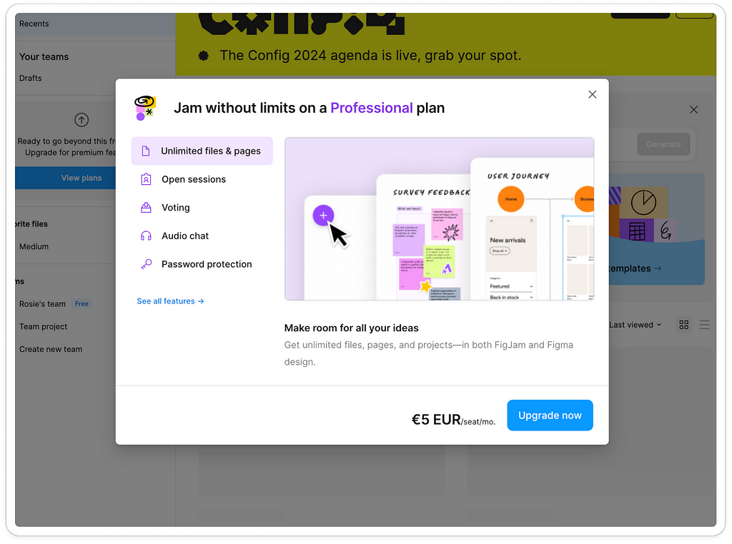 Screenshot of the pop up pre-paywall screen when I try to create a new file when I have run out