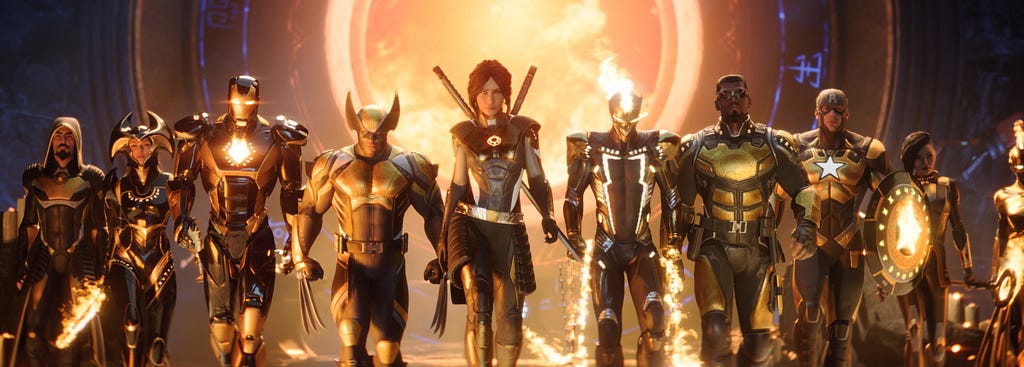 A bunch of Marvel characters dressed in black and gold walk away from what’s presumably a sun at midnight, whatever that means.