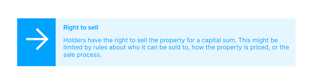 An example of a pattern: ‘Right to sell’  Holders have the right to sell the property for a capital sum. This might be limited by rules about who it can be sold to, how the property is priced, or the sale process.