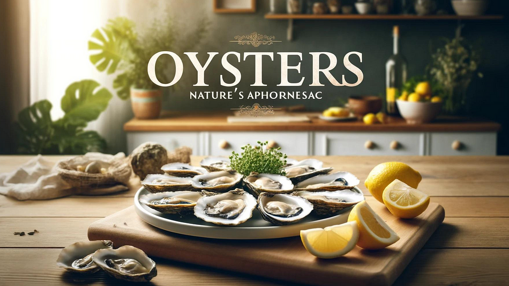 A photo-realistic image of a beautifully arranged plate of fresh oysters on a wooden kitchen counter, garnished with lemon wedges and herbs, well-lit with natural light. The text “Oysters: Nature’s Aphrodisiac” is overlaid in an elegant, bold font.