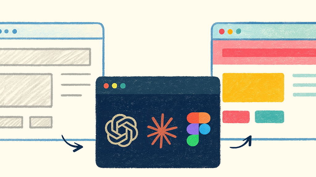 Opening illustration (three browser windows): An abstract illustration showing three browser‑like windows: the left window depicts a grey wireframe mock‑up; the dark center window contains logos for AI/design tools (a knot‑shaped Claude symbol, a starburst, and the colorful Figma logo); the right window shows a colourful finished interface. Arrows between the windows illustrate the transformation from a rough mock‑up to a polished UI