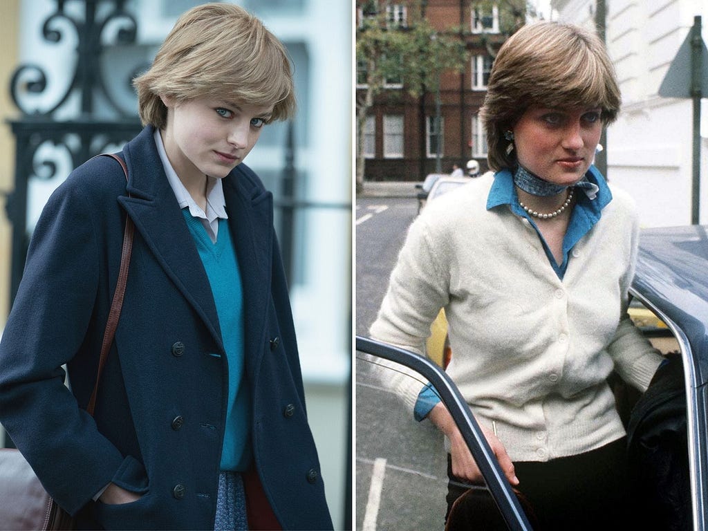 Emma Corrin as Princess Diana in “The Crown,” and Princess Diana outside her apartment in London in 1980.