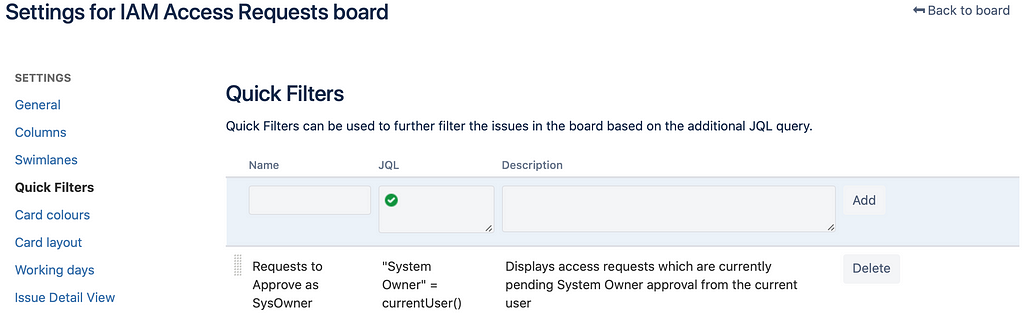 Settings of the Filters added to the Kanban Board for Access Requests