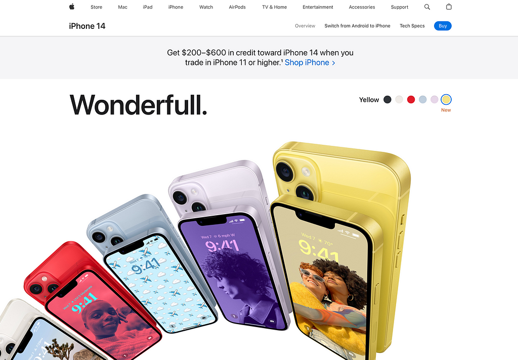 A screenshot of Apple’s iPhone14 website showing colorful phones fanned out and the word Wonderful above them.