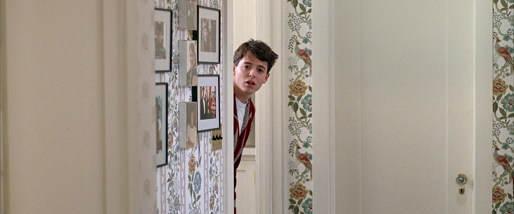 Matthew Broderick looking down the hall in the famous post-credits scene from Ferris Bueller’s Day Off (1986)