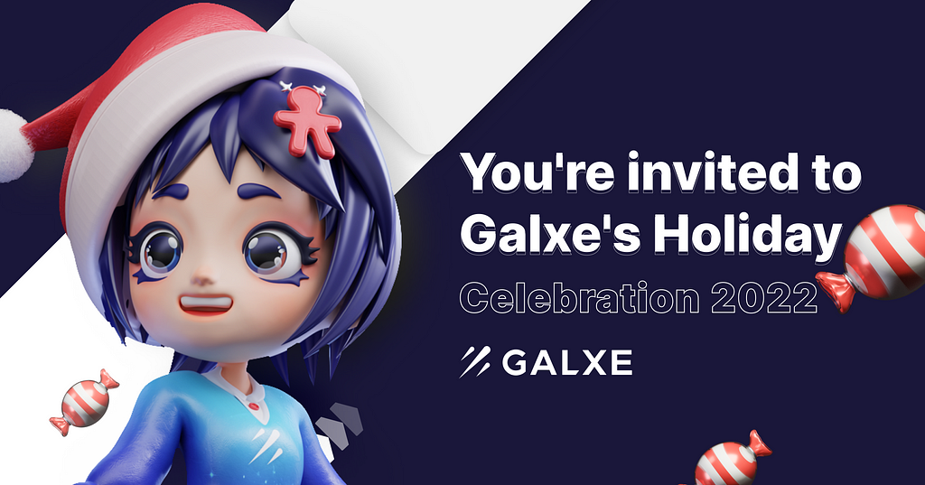 Galxe Holiday Campaign banner with a purple and white background. Galxe Girl left justified with invitation text on the right