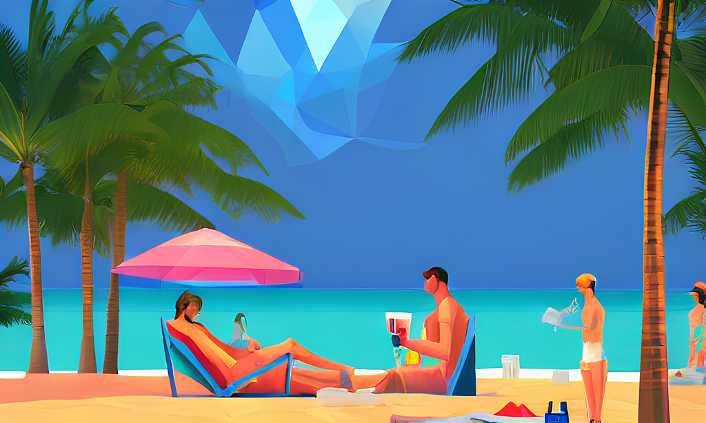 Vector illustration of people sitting on a beach, surrounded with palm trees and a mountain in the background