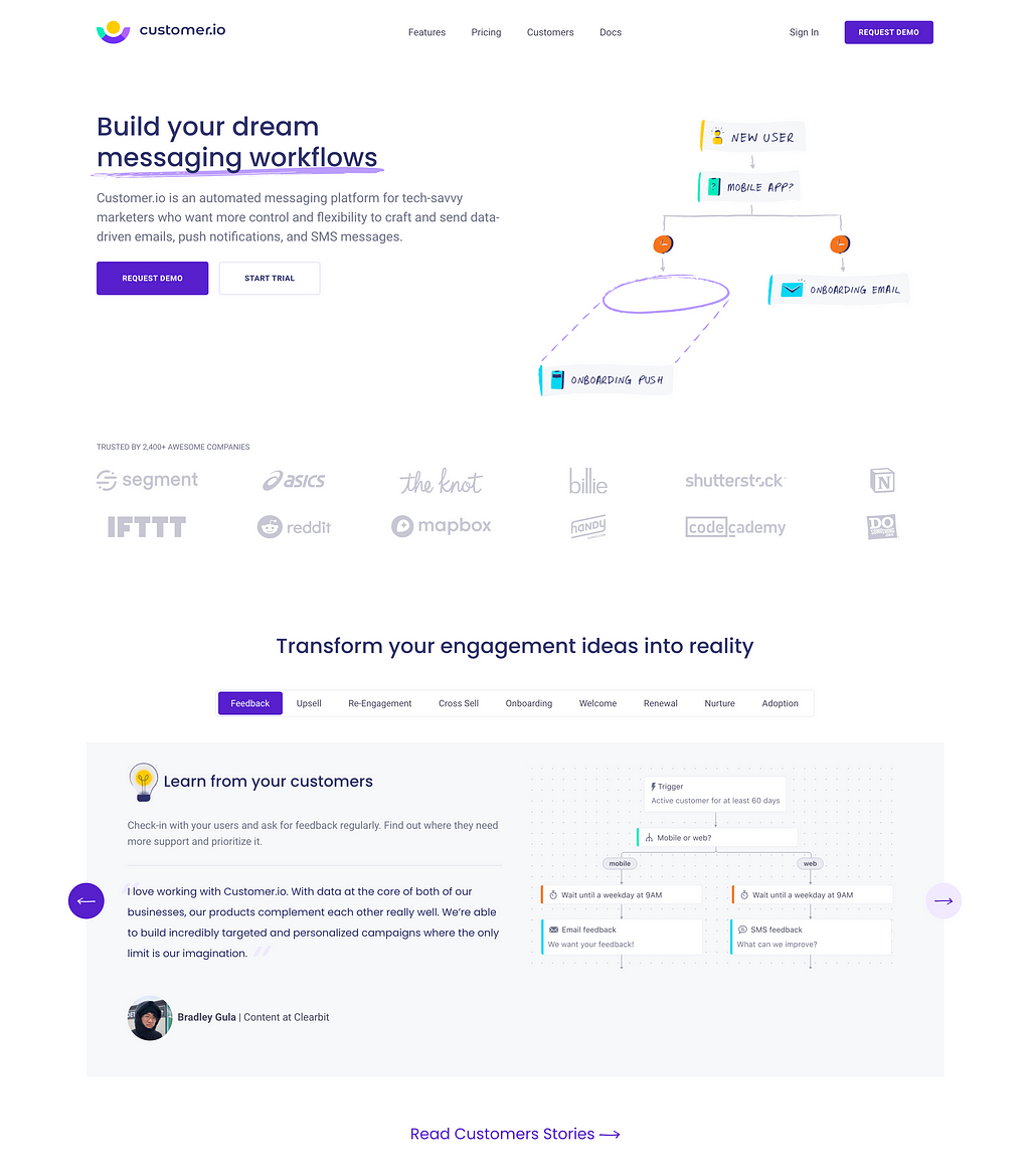 Customer.io homepage showcasing the sketch style of a workflow idea