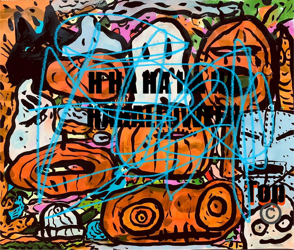 According to GenAI this is an abstract Halloween-themed artwork in vivid oranges, yellows, and blacks, blending layered, cell-like forms with faint shapes of pumpkins and black cats, evoking both biological texture and seasonal imagery. A blue crayon is scribbled on it and block letters say ha ha happy halloween (Illustration by Francois Top)