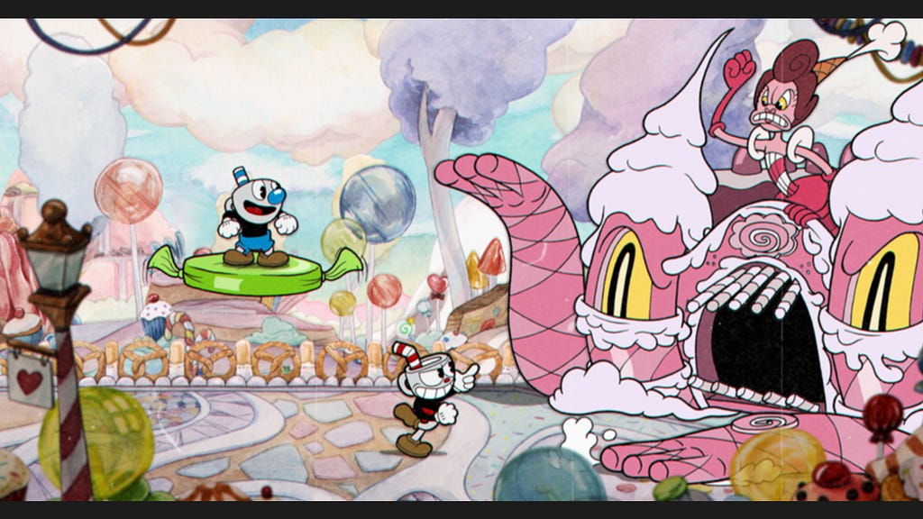 Screenshot from the game Cuphead, featuring hand-drawn, 1930s-style cartoon visuals with vibrant colors and fast-paced action.