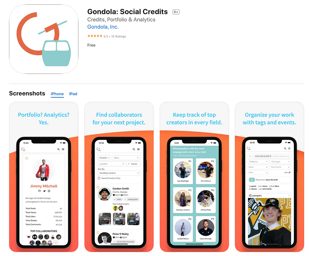 The Gondola app and its preview for various pages including profile page, creator page, homepage, and post page