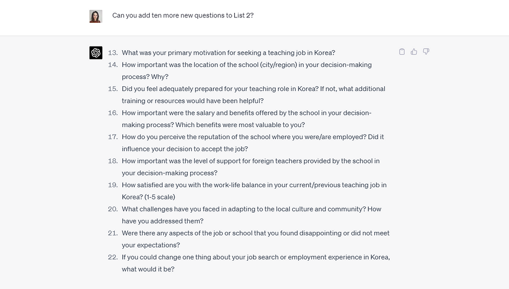 Another ChatGPT output, asking it to add ten more questions to the user survey.