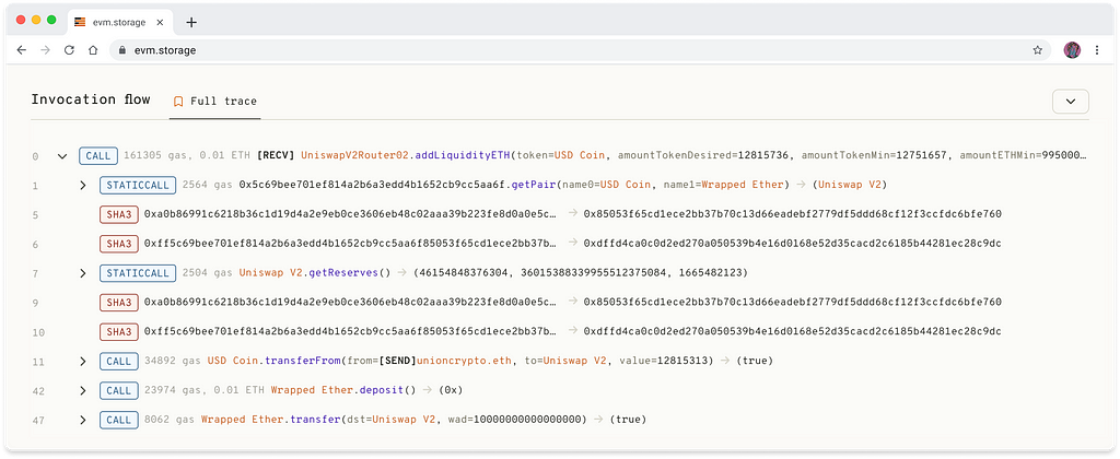 This image shows the “Full trace” tab in the invocation flow on evm.storage.