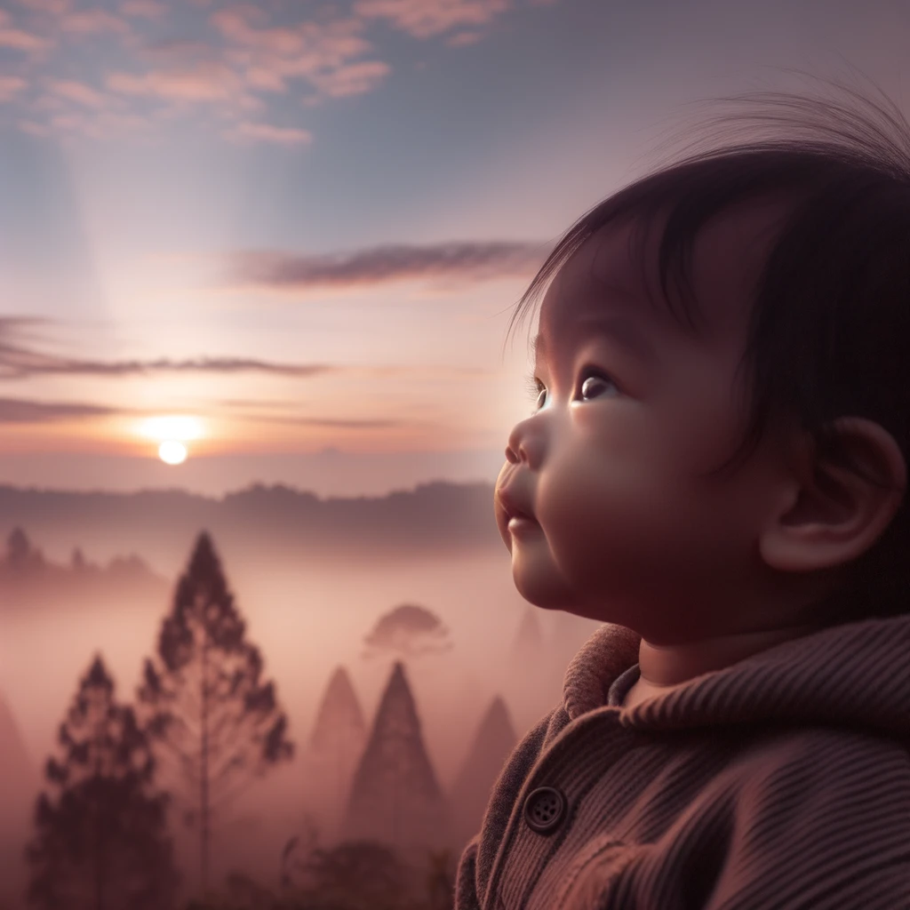 Curious toddler exploring the beauty of a serene dawn landscape