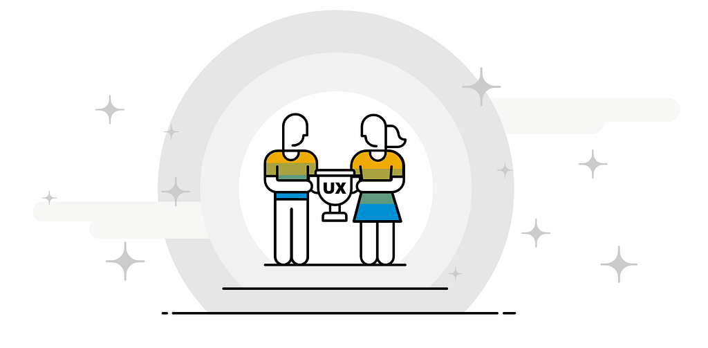 A pictogram of a man and woman holding opposing sides of a UX trophy.