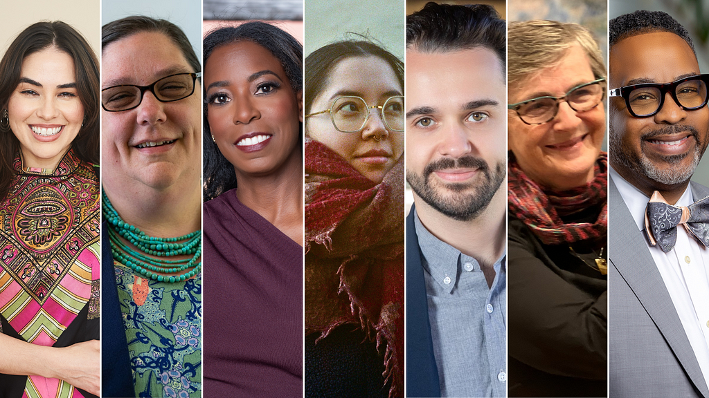 A collage of headshots showing seven members of the NJ Racial Equity Advisory Board, arranged from left to right: Carmen Graciela Díaz, Erin O’Hanlon, Natasha Ali, Taylor Jung, Simon Galperin, Liza Gross, and Penda Howell. They exhibit a diverse array of ages, ethnic backgrounds, and styles. The individuals display a range of expressions from smiles to neutral looks. Clothing includes professional attire and accessories like necklaces and scarves.