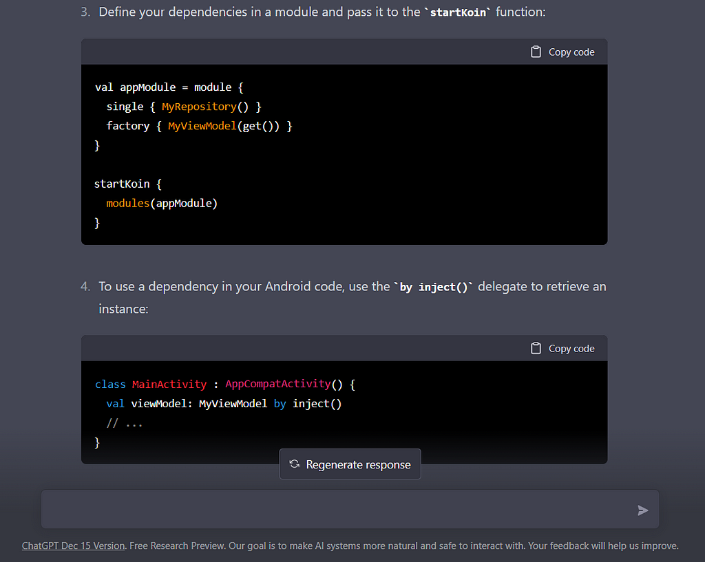 ChatGPT’s reply to the query: How to set up the Koin in the Android Project
