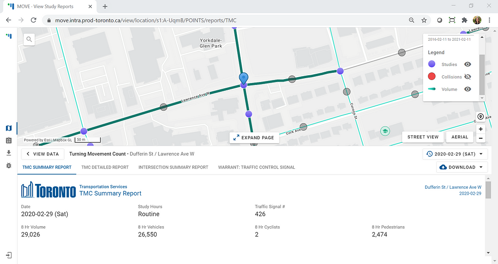 Split screen with half map, half report summary view of an intersection