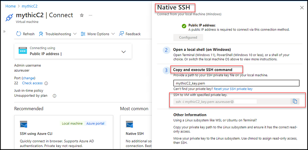 Figure 23- shows the steps and commands for connecting to the machine via SSH. (r3d-buck3t, Native SSH, Azure, VM)