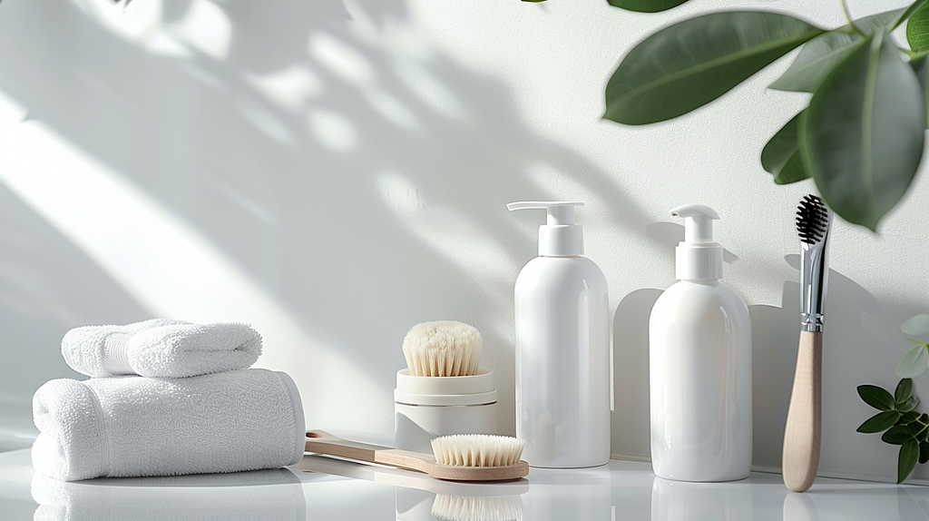 A set of skincare mockup in bathroom, white and minimal theme