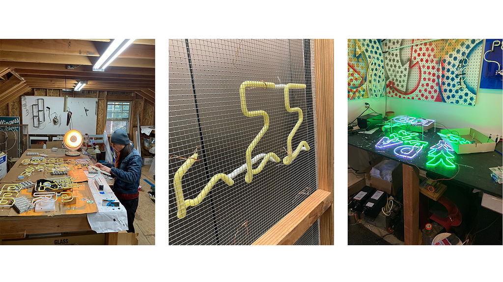 Three photos of the neon signmaking process: in one, a person stands at a work bench with lots of materials strewn about. In another, there’s a close-up of some pieces of neon that don’t yet look like letters. In the third, some neon D’s and Y’s are on a table, lit up.