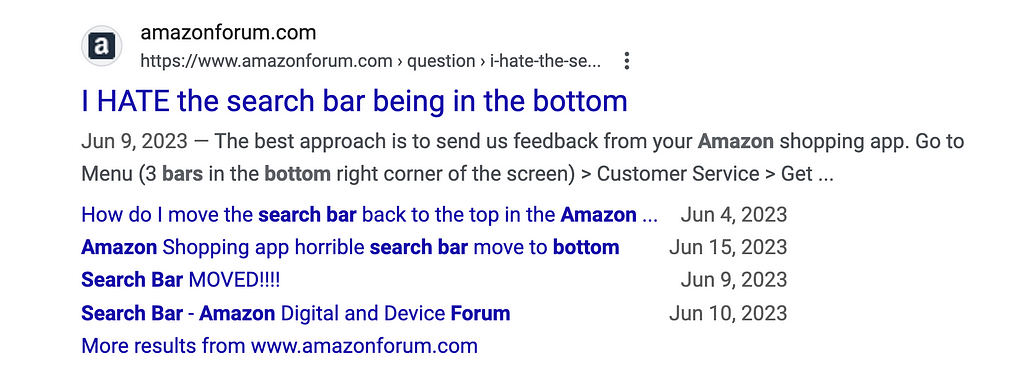 Amazon forum screenshot, I hate search bar being in the bottom