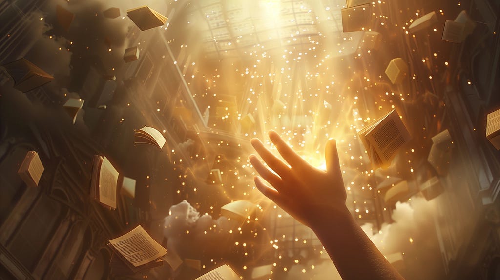 An ethereal educational scene where a small child’s hand reaches up toward a luminous protective dome. The dome is artistically crafted from overlapping books, diplomas, and educational symbols glowing with warm golden light that breaks through dark storm clouds above.