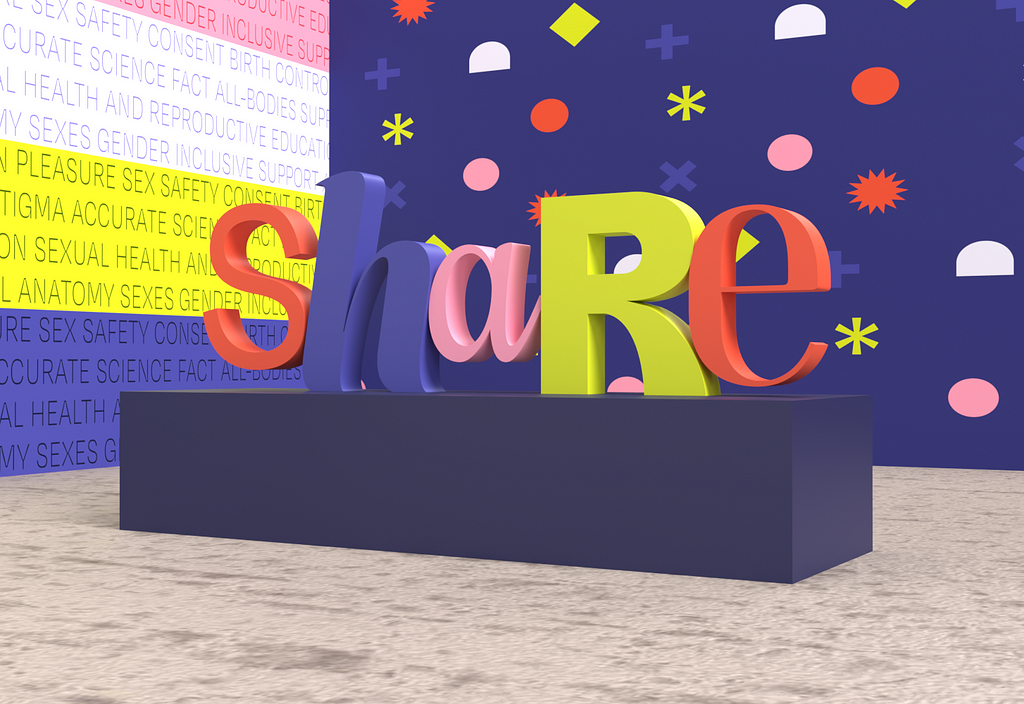 colorful 3d logo sculpture with word share on a showcase box. Cement ground. Colorful walls with repeated words related to sex-ed and symbols.