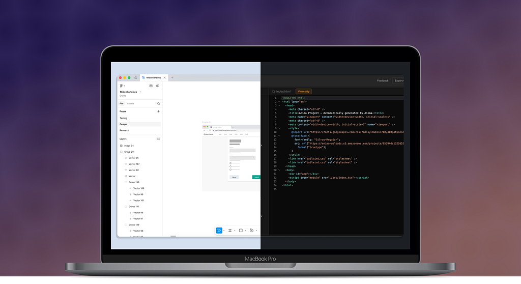 Screen showing design mockups in Figma versus code blocks for vibe coding in Anima