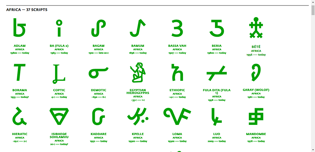 A screenshot showing letters from different Afrikan Alphabets.