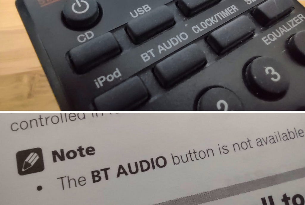 The top half of the image is a photograph of a remote control, the button in focus is labelled “BT Audio”. the bottom half of the image is a photograph of a Hi-Fi manual, the text in focus reads “The BT Audio button is not available”