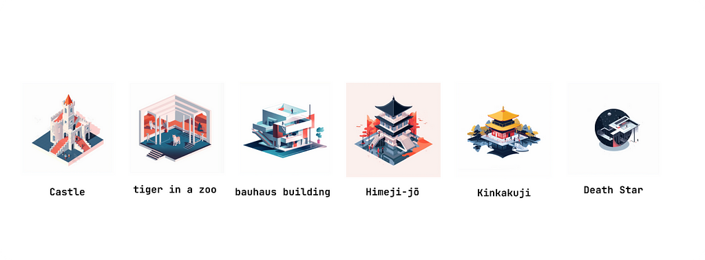 Eight different building appears separately generated by Midjourney