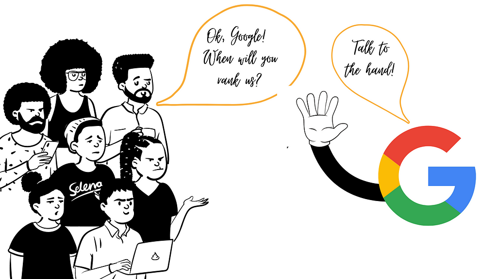 Blog post cover illustration showing people talking to Google