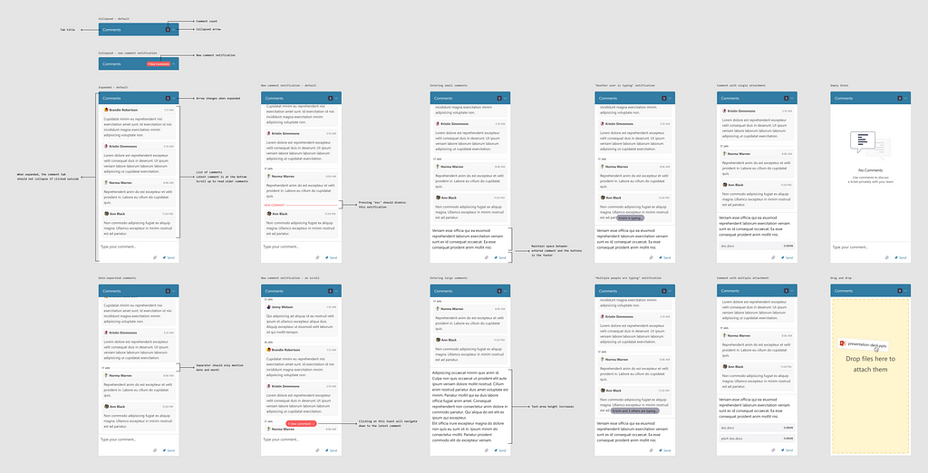 Annotated designs for the ‘comments’ feature in SupportBee to help developers get more context before they begin