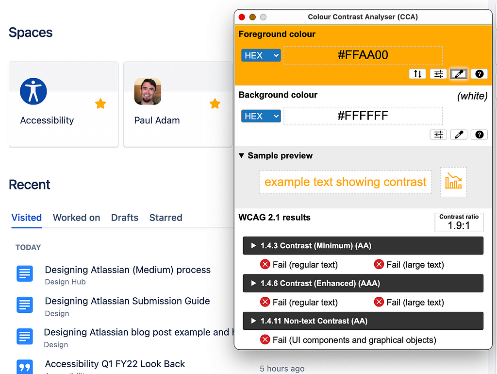 Colour Contrast Analyser showing orange on white has a 1.9:1 contrast ratio which fails all WCAG success criteria for contrast