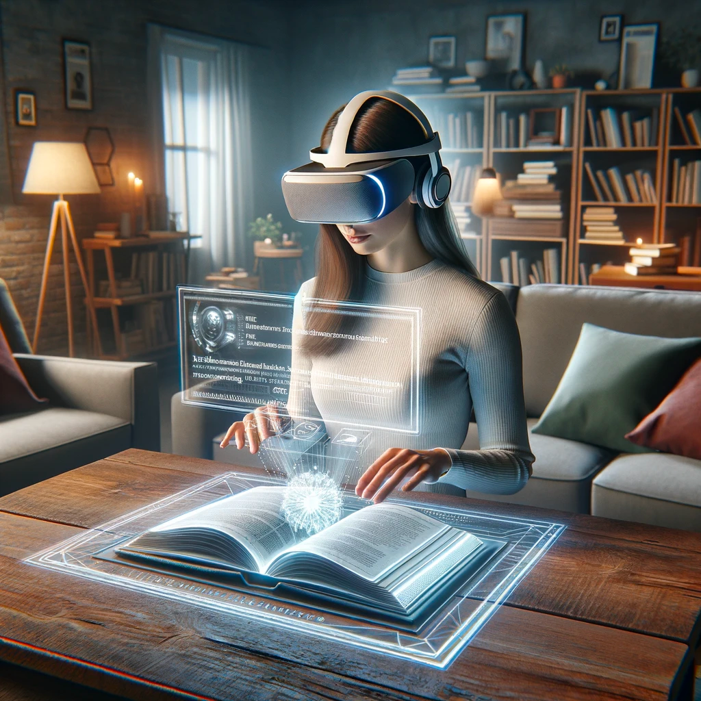 A language learner wears a virtual reality headset and experiences a complex simulation. In Mixed Reality she can see real-world elements like a book on her table and virtual learning elements like charts, graphics or additional information.