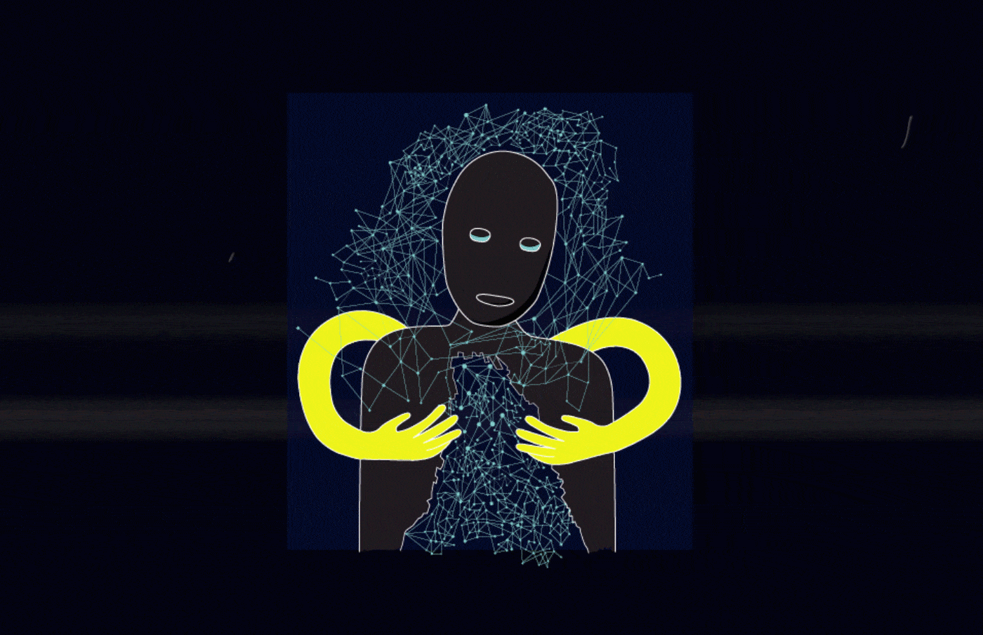 An abstract illustration of a person, with connected wires behind and on them and two harms hugging them from behind.