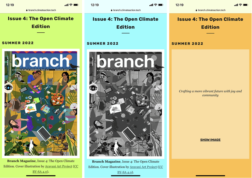Screens from Branch magazine that adjust based on grid intensity