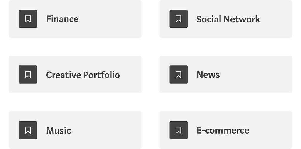 A list of app categories. 1 — Finance. 2 — Social Network. 3 — Creative Portfolio. 4 — News. 5 — Music. 6 — E-commerce.
