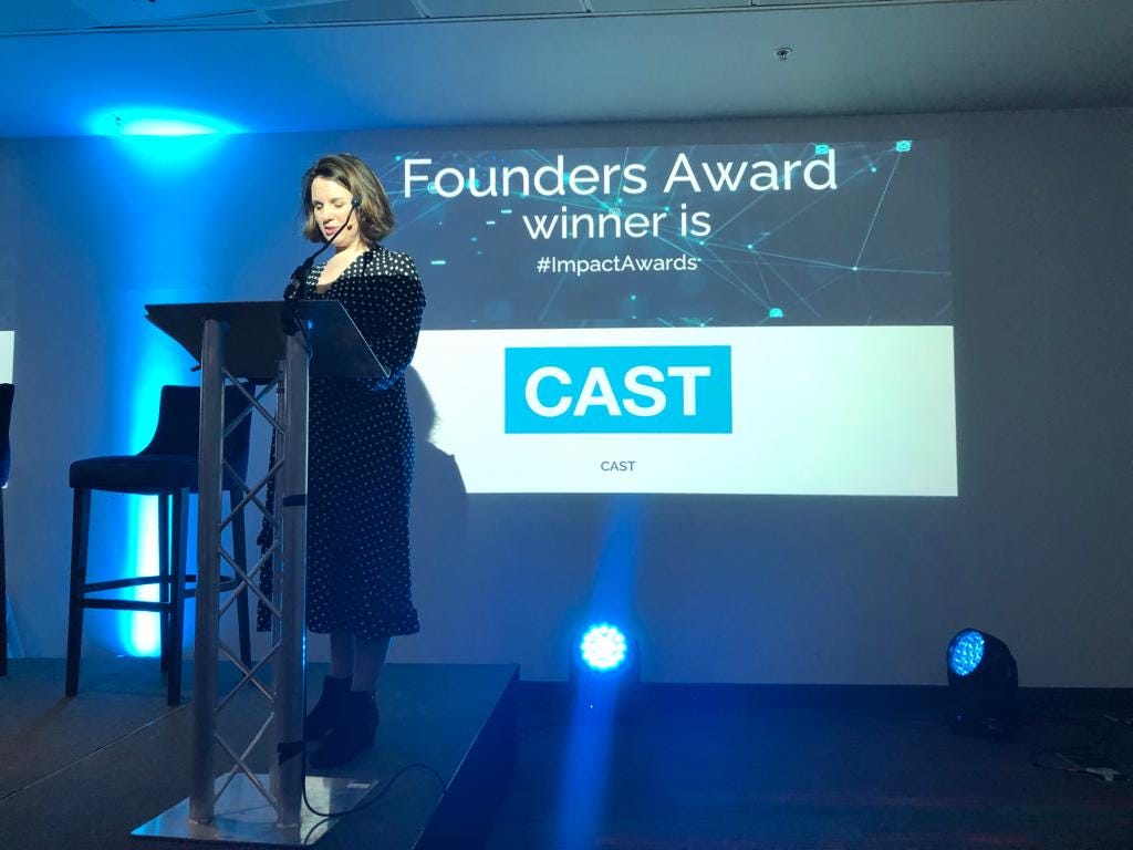 Photograph of BBC presenter and journalist Nina Warhurst announcing CAST’s award at Digital Leaders’​ Impact Awards