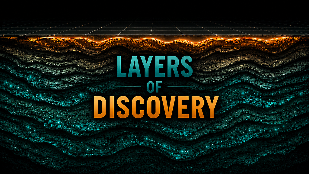 Abstract cross-section showing geological strata beneath a dark geometric grid surface. Rich layers of deep teal and dark rock formations accumulate below the surface plane, illuminated by a warm amber glow at the boundary between the visible surface and the hidden depth. Small points of teal bioluminescent light are scattered through the deeper layers.